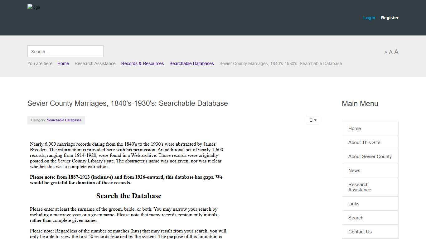 Sevier County Marriages, 1840's-1930's: Searchable Database